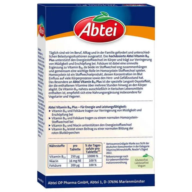 Outlet Abtei Vitamin B12 Plus Folsäure Tabletten Titandioxidfrei , 30 St Vitamin B12 (Cobalamin)