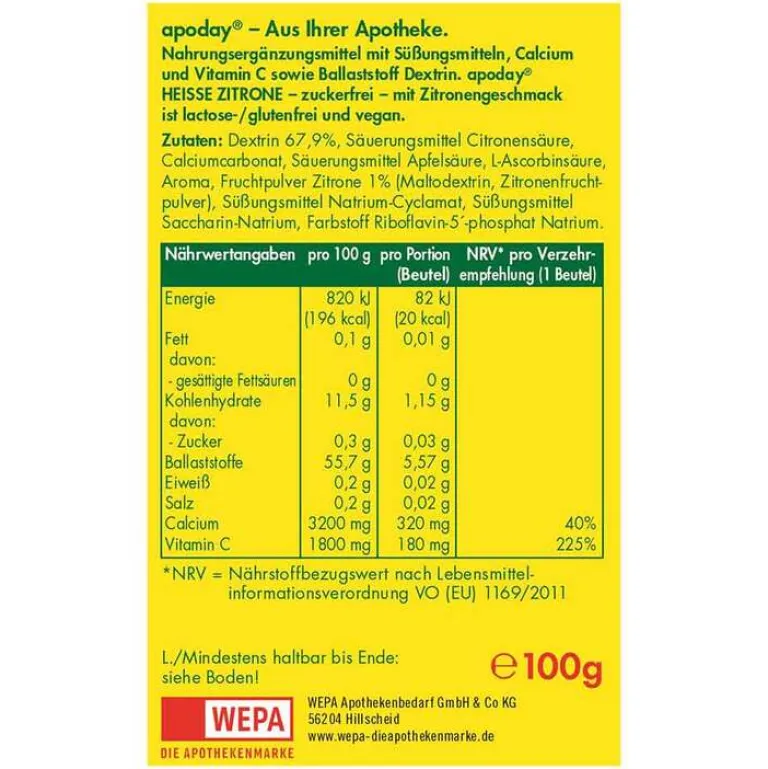 Online Apoday Heiße Zitrone Vitamin C und Calcium ohne Zucker Pulver, 10X10 g