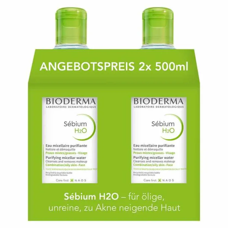 Bioderma Sebium H2O Reinigungslösung für fettige, unreine Haut, 2X500 ml
