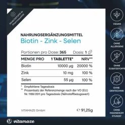 Best Biotin 10 mg hochdosiert + Zink + Selen Tabletten, 365 St Vitamin B7 (Biotin)