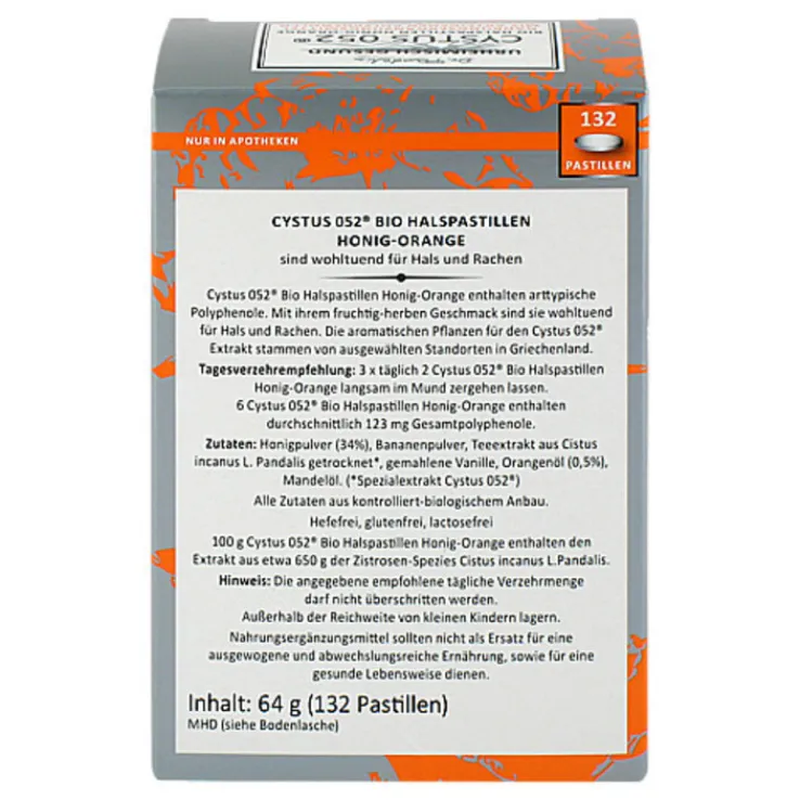 Cystus 052 Bio Halspastillen Honig Orange, 132 St