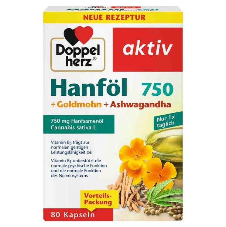 Hot Doppelherz Hanföl + Goldmohn + Ashwagandha Kapseln, 80 St
