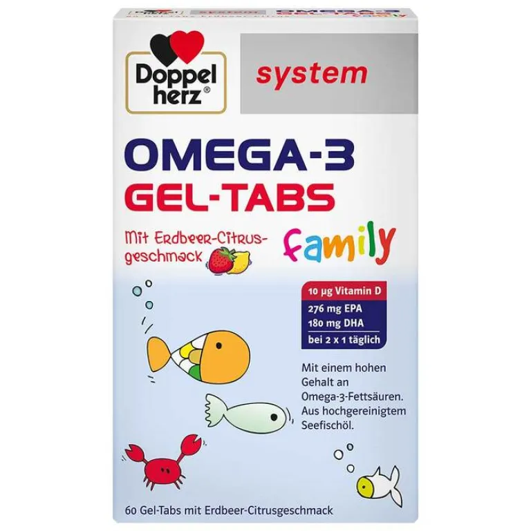 Hot Omega-3 Gel-Tabs family Erdbeer Citrus system, 60 St Omega 3 Kapseln|Augenvitamine