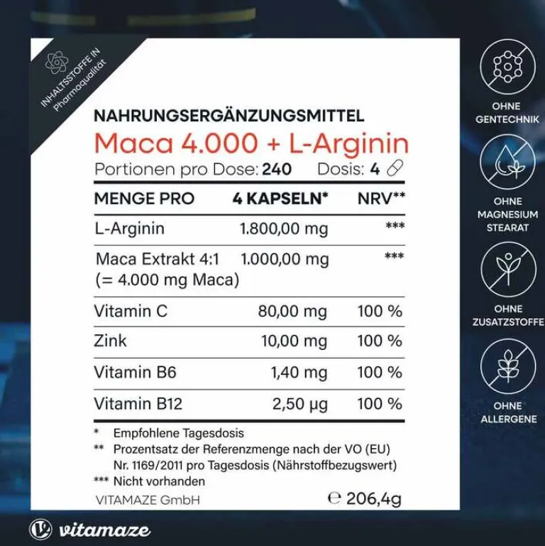 Sale Vitamaze Maca 4:1 hochdosiert + L-Arginin Kapseln, 240 St