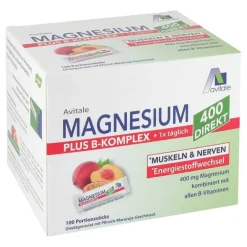 Sale Avitale Magnesium 400 + B-Komplex direkt Pfirsich Maracuja Granulat Sticks, 100X2.5 g