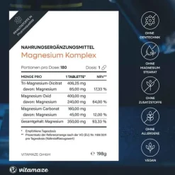 Online Vitamaze Magnesium 350 mg Komplex Citrat / Oxid / Carbonat vegan Tabletten , 180 St