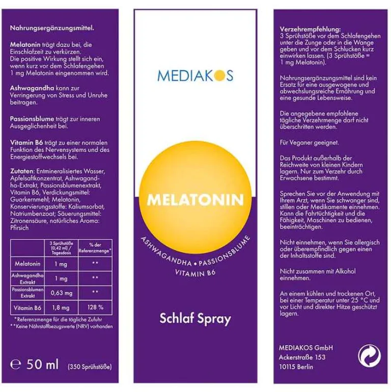 Melatonin Ashwagandha Schlaf Spray vegan, 20 ml Ashwagandha|Melatonin Spray