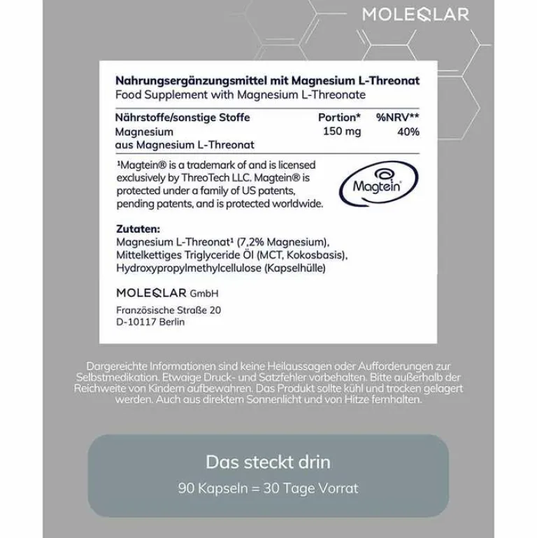 Hot Moleqlar Magtein Magnesium-L-Threonate Kapseln, 90 St