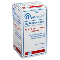 Hot Mullkompressen ES 7,5x7,5 cm unsteril 8-fach, 100 St Sterile Kompressen