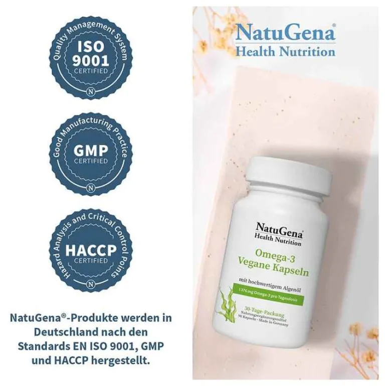 Natugena Omega-3 Vegan 1376mg 751 DHA 375 EPA Algenöl Kapseln , 90 St