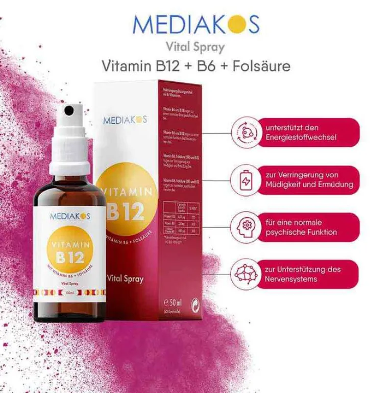 New Vitamin B12 + B6 + Folsäure Vital Spray, 50 ml Vitamin B9 (Folsäure)|Vitamin B6 (Pyridoxin)
