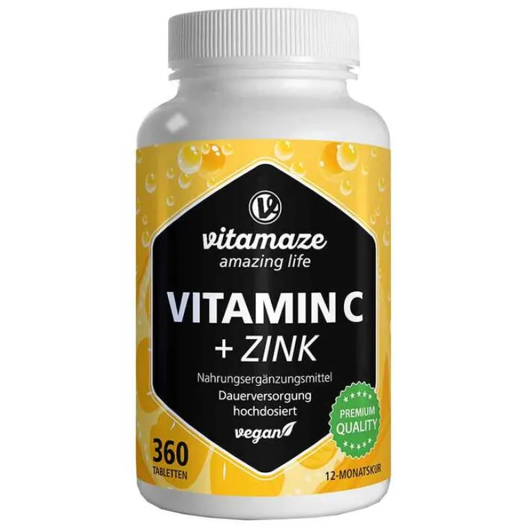Hot Vitamin C 1000 mg hochdosiert + Zink vegan Tabletten, 360 St Vitamin C (Ascorbinsäure)