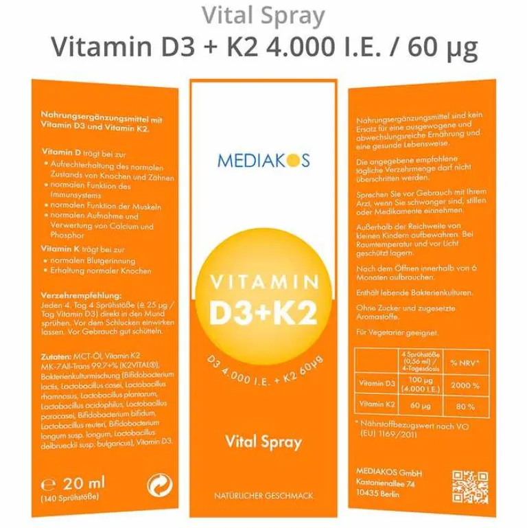 Hot Vitamin D3 + K2 4000 I.E. 60 µg Mediakos Vital Spray, 20 ml Vitamin K|Vitamin D (Colecalciferol)