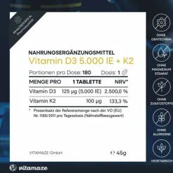 Vitamin D3 K2 5000 I.E. / 100 µg hochdosiert Tabletten , 180 St