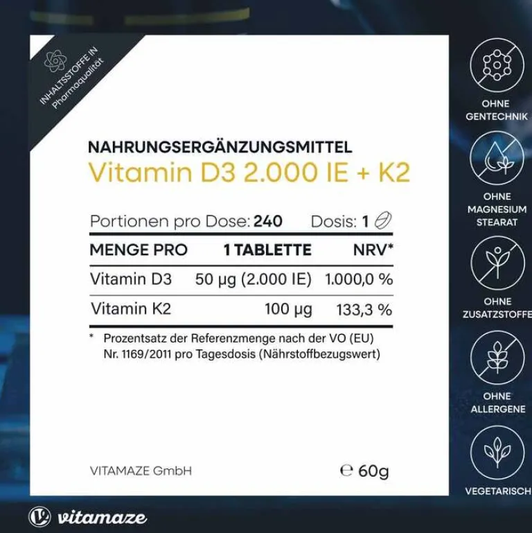 Online Vitamin D3 K2 2000 I.E. / 100 µg hochdosiert Tabletten , 240 St Vitamin K|Vitamin D (Colecalciferol)
