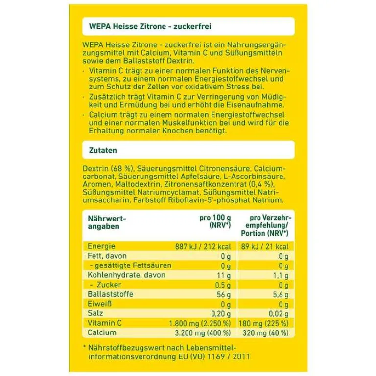 Sale Wepa heiße Zitrone + Vitamin C + Calcium zuckerfrei Pulver, 10X10 g